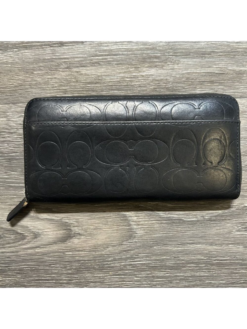 Coach Black Embossed Leather Coach Accordion Zip Around Wallet C Logo 8x4 CE551